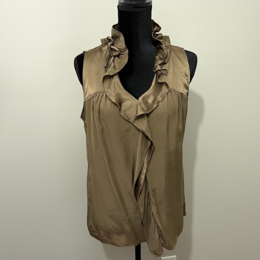 Worth Silk Blouse Sz 6 Bronze Ruffle Neck Sleeveless Metallic Drape Top Academia